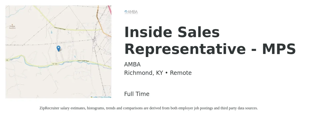 AMBA job posting for a Inside Sales Representative - MPS in Richmond, KY with a salary of $100,000 Yearly with a map of Richmond location.