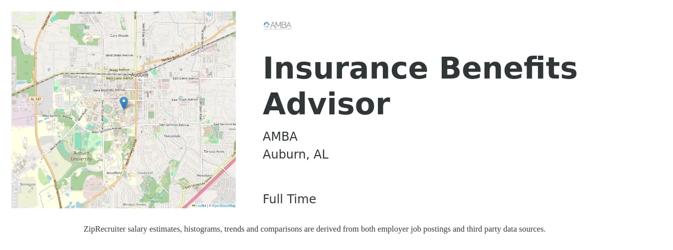 AMBA job posting for a Insurance Benefits Advisor in Auburn, AL with a salary of $70,000 Yearly with a map of Auburn location.