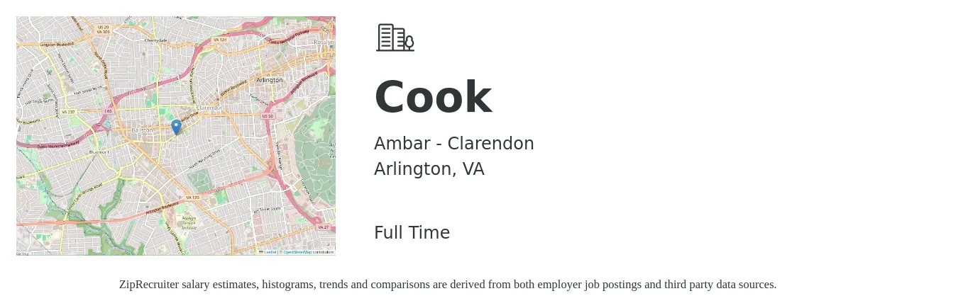 Ambar - Clarendon job posting for a Cook in Arlington, VA with a salary of $13 to $16 Hourly with a map of Arlington location.