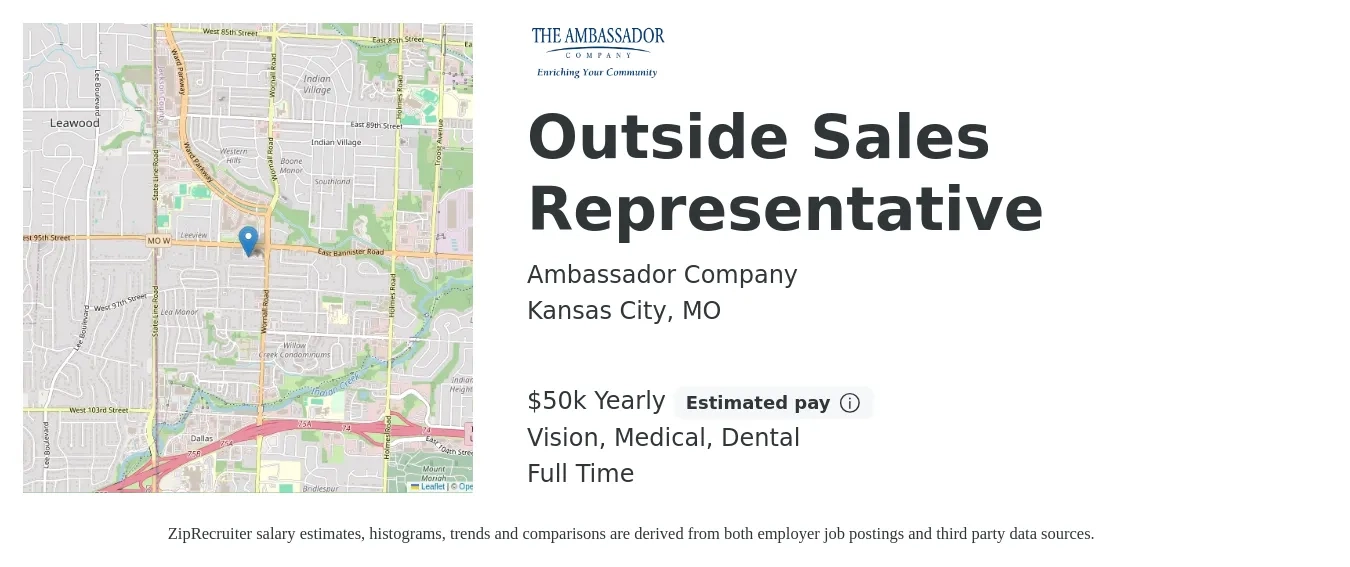 Ambassador Company job posting for a Outside Sales Representative in Kansas City, MO with a salary of $50,000 Yearly (plus commission) and benefits including retirement, vision, dental, life_insurance, and medical with a map of Kansas City location.
