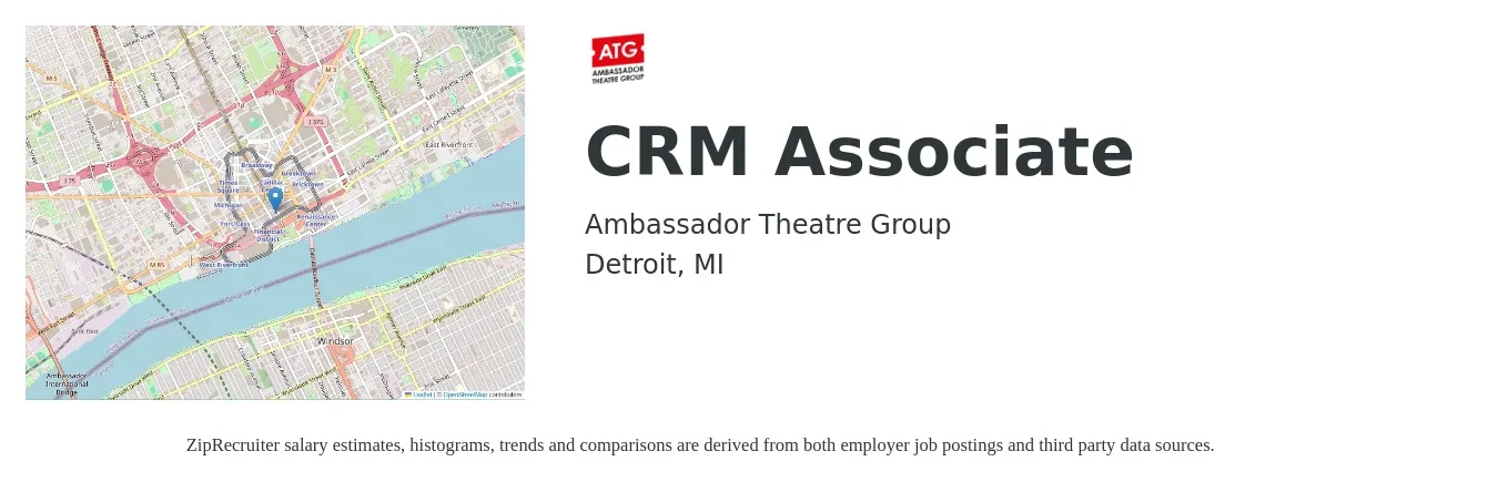 Ambassador Theatre Group job posting for a CRM Associate in Detroit, MI with a salary of $61,300 to $75,900 Yearly with a map of Detroit location.