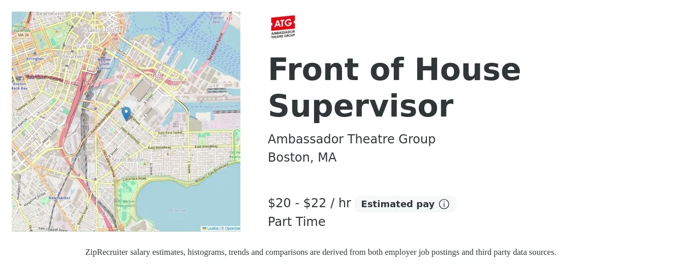 Ambassador Theatre Group job posting for a Front of House Supervisor in Boston, MA with a salary of $21 to $23 Hourly with a map of Boston location.