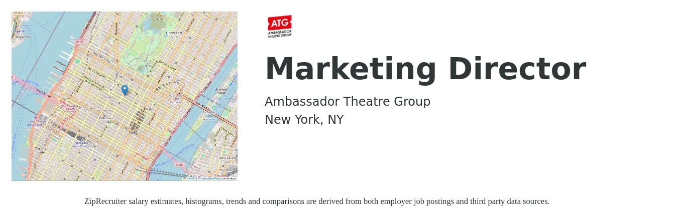 Ambassador Theatre Group job posting for a Marketing Director in New York, NY with a salary of $90,000 to $100,000 Yearly with a map of New York location.