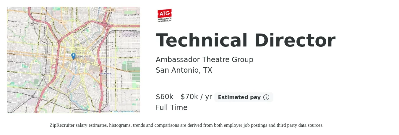 Ambassador Theatre Group job posting for a Technical Director in San Antonio, TX with a salary of $60,000 to $70,000 Yearly with a map of San Antonio location.