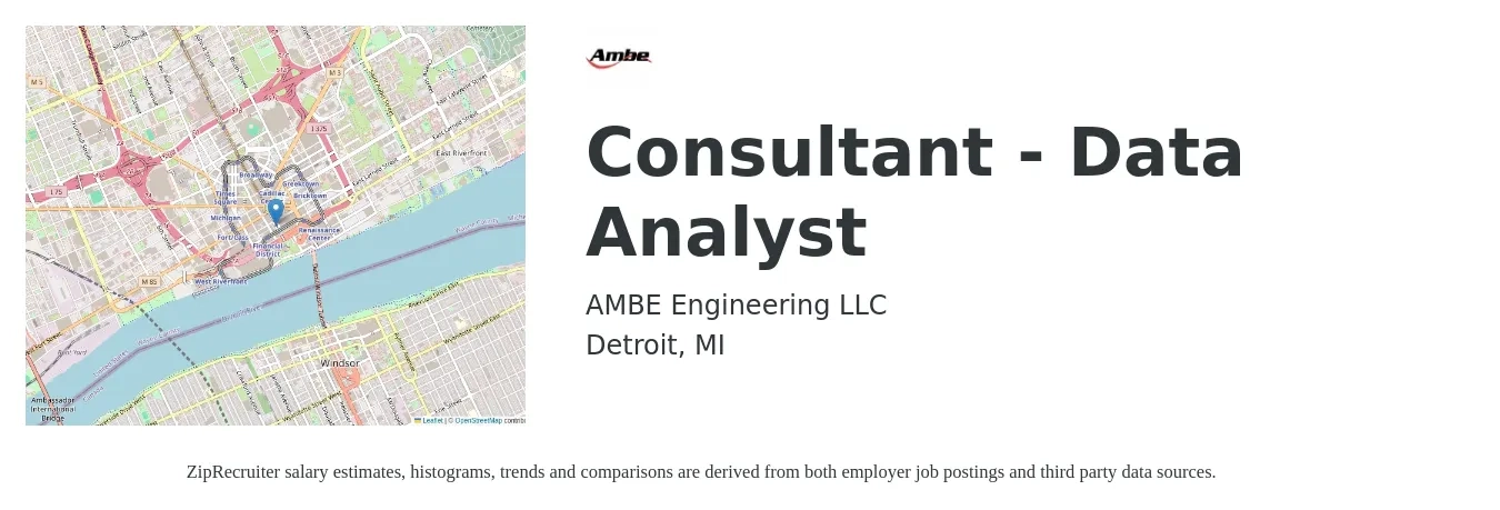 AMBE Engineering LLC job posting for a Consultant - Data Analyst in Detroit, MI with a salary of $61,800 to $95,800 Yearly with a map of Detroit location.