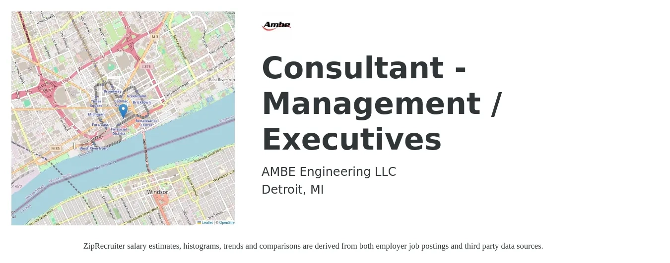 AMBE Engineering LLC job posting for a Consultant - Management / Executives in Detroit, MI with a salary of $25 to $64 Hourly with a map of Detroit location.