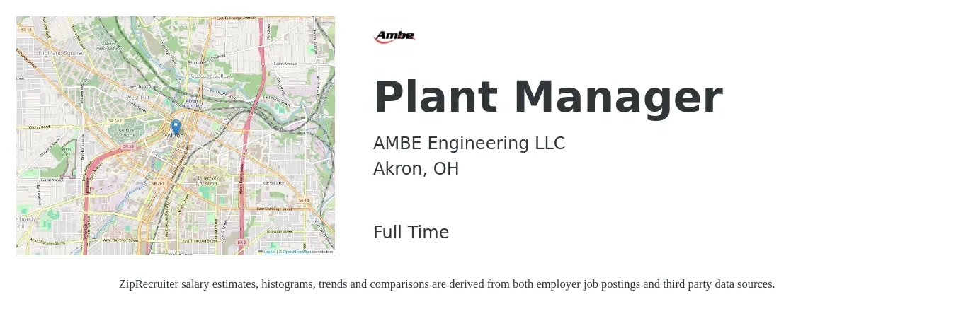 AMBE Engineering LLC job posting for a Plant Manager in Akron, OH with a salary of $87,100 to $134,400 Yearly with a map of Akron location.