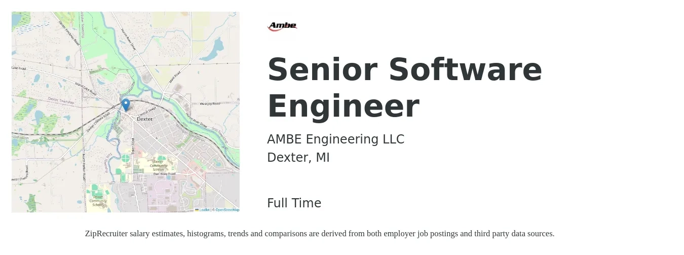AMBE Engineering LLC job posting for a Senior Software Engineer in Dexter, MI with a salary of $116,700 to $153,900 Yearly with a map of Dexter location.