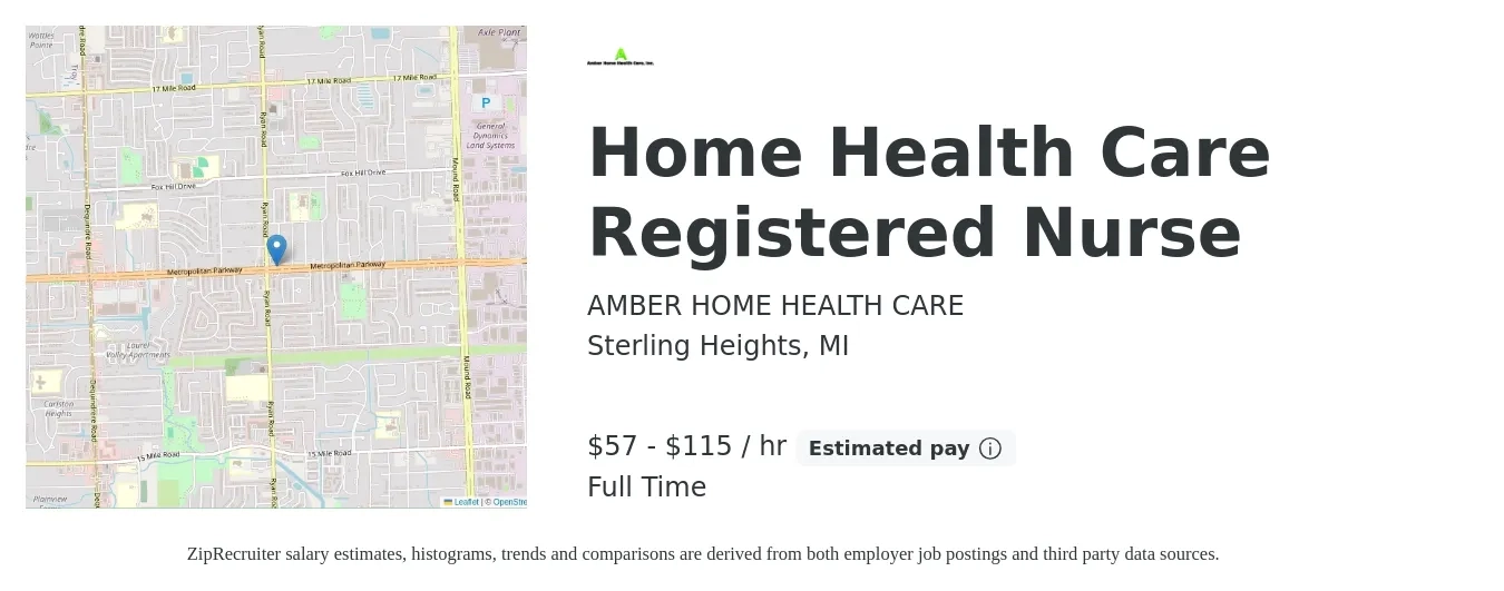 AMBER HOME HEALTH CARE job posting for a Home Health Care Registered Nurse in Sterling Heights, MI with a salary of $60 to $120 Hourly with a map of Sterling Heights location.
