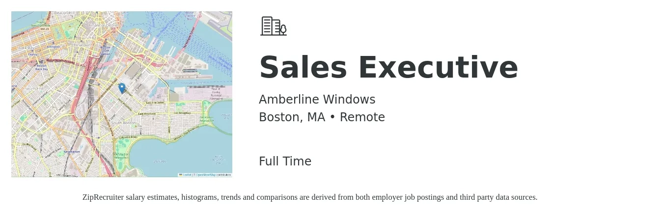 Amberline Windows job posting for a Sales Executive in Boston, MA with a salary of $61,900 to $106,500 Yearly with a map of Boston location.