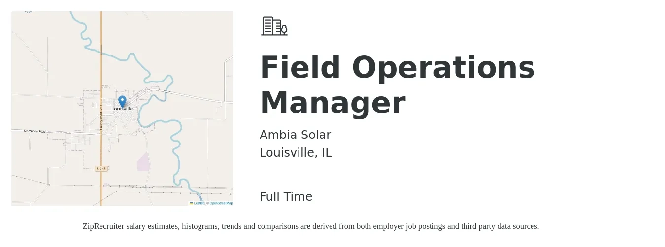 Ambia Solar job posting for a Field Operations Manager in Louisville, IL with a salary of $52,700 to $84,300 Yearly with a map of Louisville location.