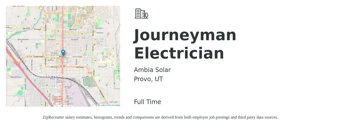 Ambia Solar job posting for a Journeyman Electrician in Provo, UT with a salary of $26 to $36 Hourly with a map of Provo location.