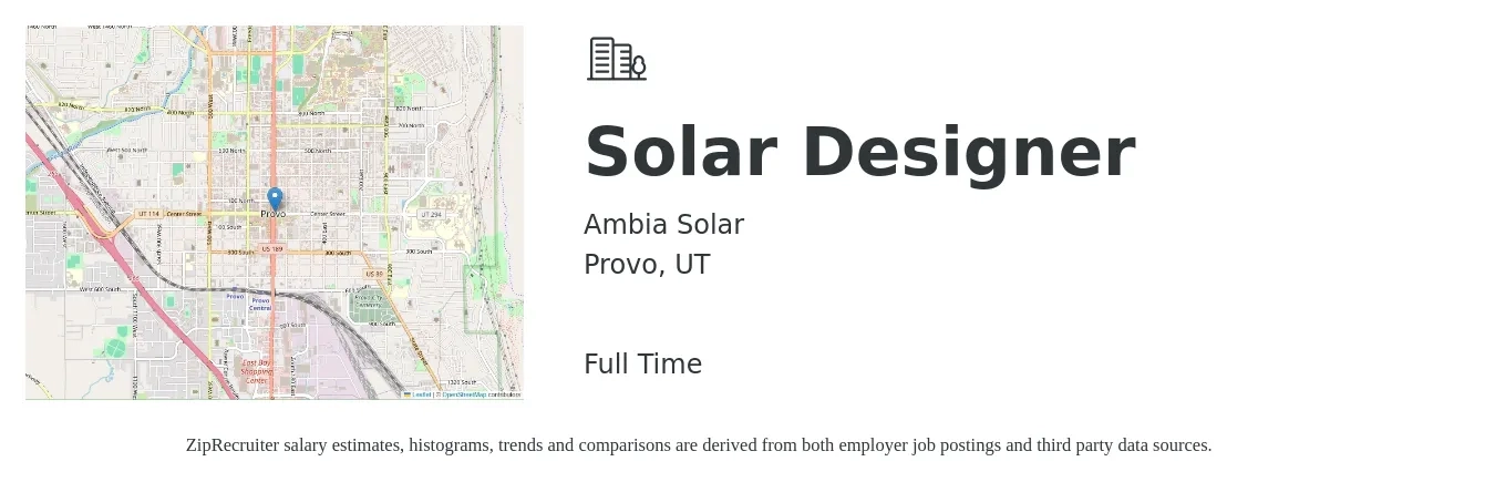 Ambia Solar job posting for a Solar Designer in Provo, UT with a salary of $20 to $30 Hourly with a map of Provo location.