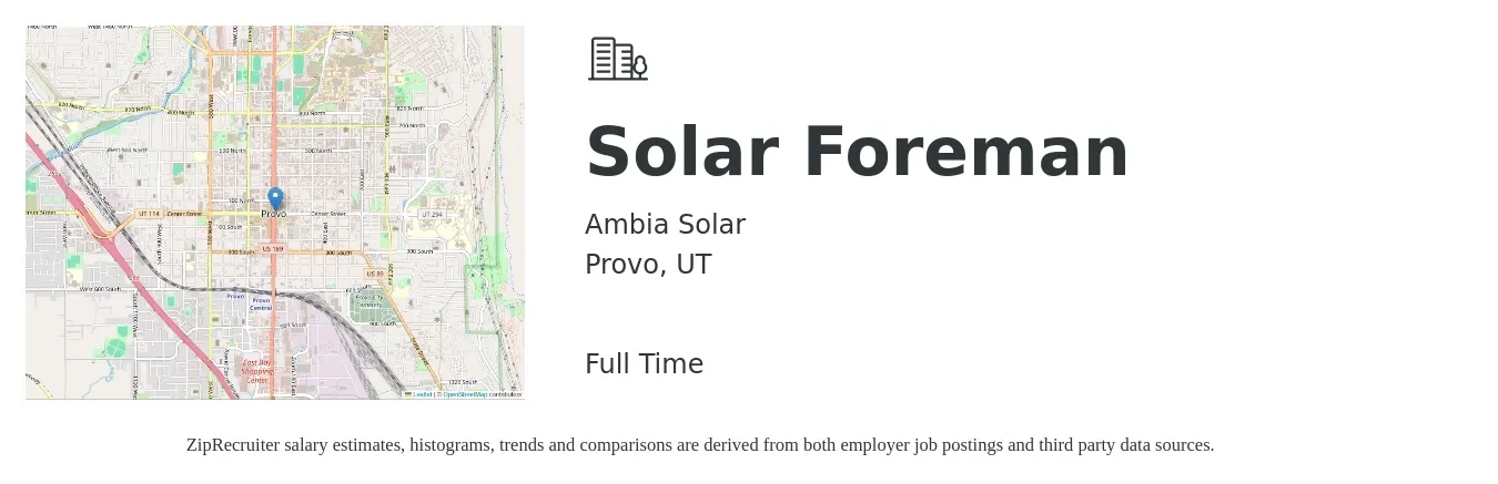 Ambia Solar job posting for a Solar Foreman in Provo, UT with a salary of $26 to $34 Hourly with a map of Provo location.