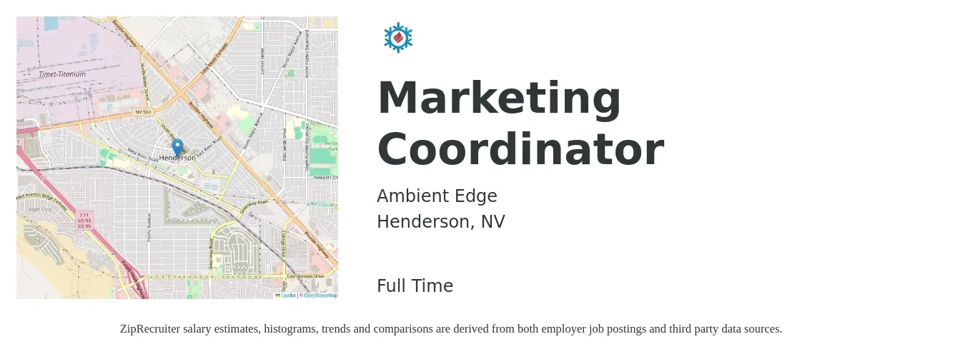 Ambient Edge job posting for a Marketing Coordinator in Henderson, NV with a salary of $38,400 to $52,900 Yearly with a map of Henderson location.