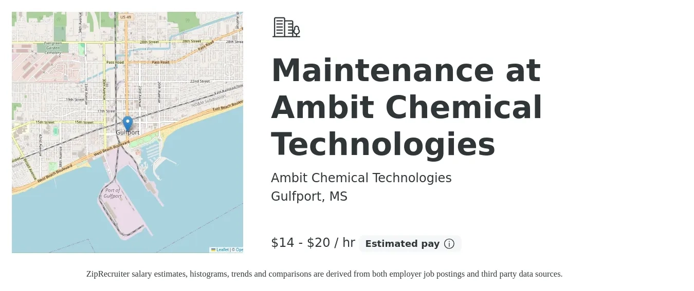 Ambit Chemical Technologies job posting for a Maintenance at Ambit Chemical Technologies in Gulfport, MS with a salary of $15 to $21 Hourly with a map of Gulfport location.