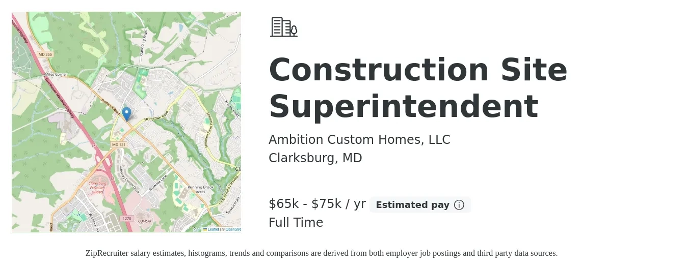 Ambition Custom Homes job posting for a Construction Site Superintendent in Clarksburg, MD with a salary of $65,000 to $75,000 Yearly and benefits including pto with a map of Clarksburg location.