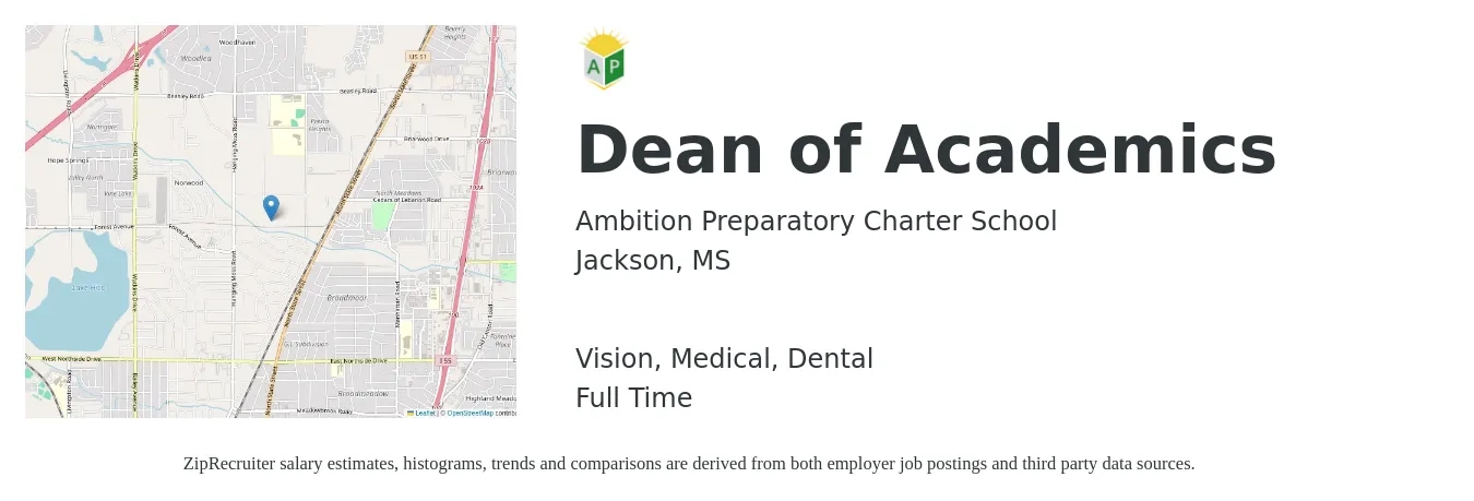 Ambition Preparatory Charter School job posting for a Dean of Academics in Jackson, MS with a salary of $64,000 to $95,400 Yearly and benefits including medical, retirement, vision, and dental with a map of Jackson location.