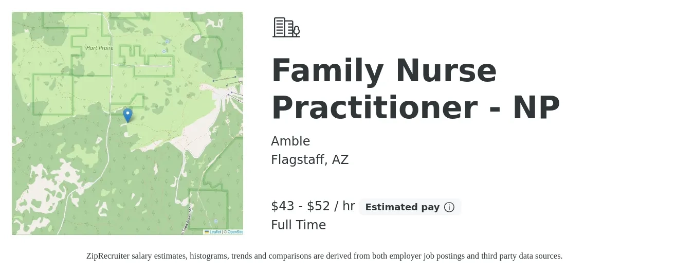 Amble job posting for a Family Nurse Practitioner - NP in Flagstaff, AZ with a salary of $45 to $55 Hourly with a map of Flagstaff location.