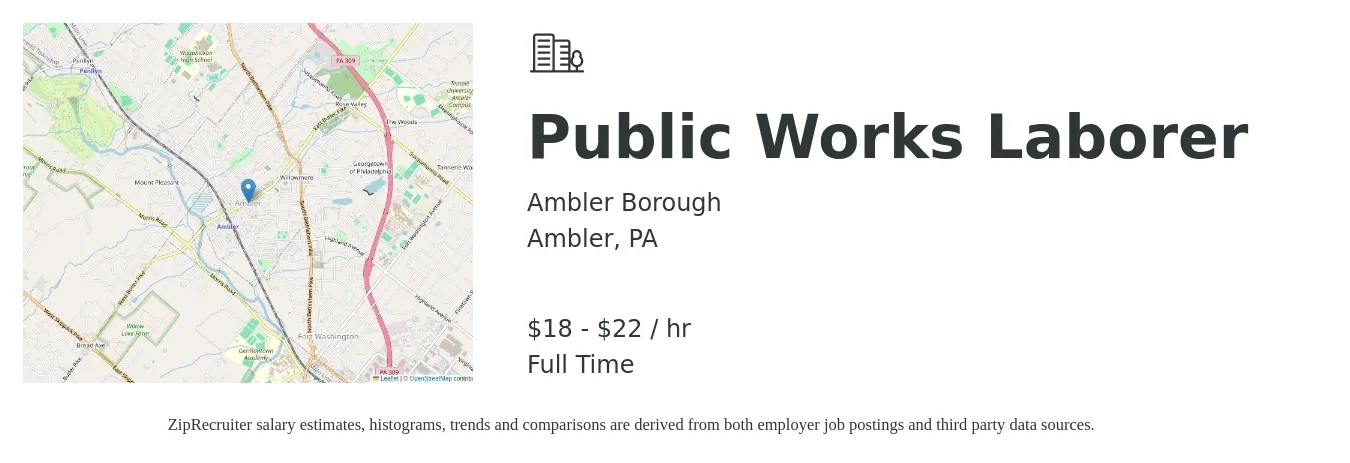 Ambler Borough job posting for a Public Works Laborer in Ambler, PA with a salary of $19 to $24 Hourly with a map of Ambler location.