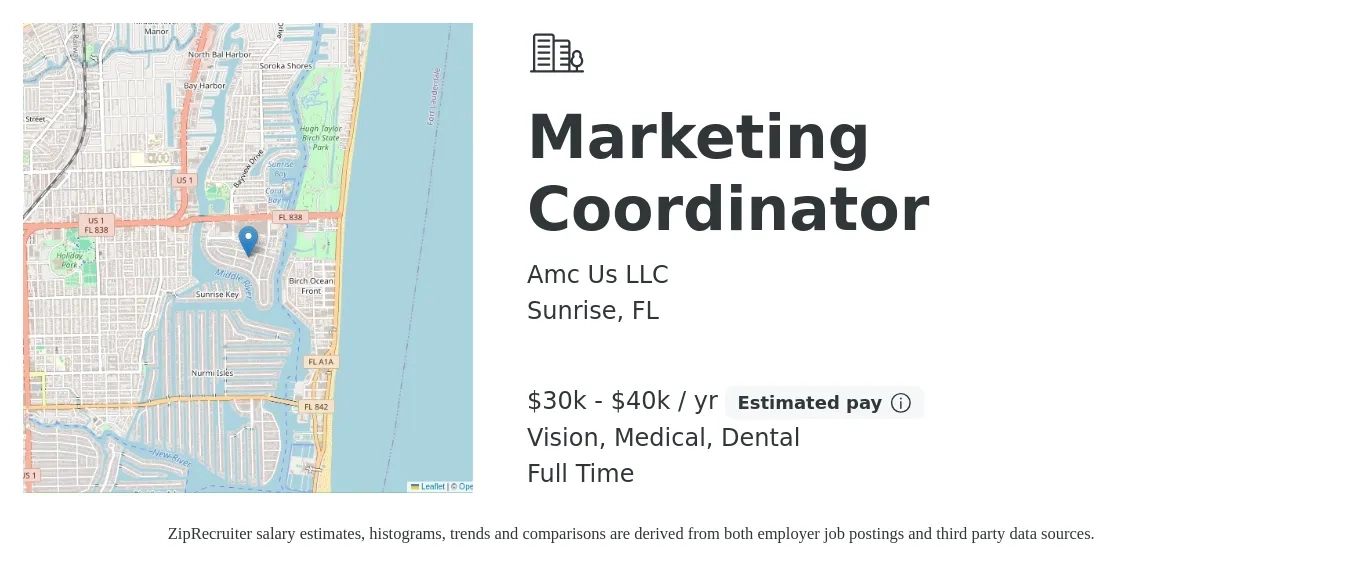 Amc Us LLC job posting for a Marketing Coordinator in Sunrise, FL with a salary of $30,000 to $40,000 Yearly and benefits including pto, vision, dental, and medical with a map of Sunrise location.