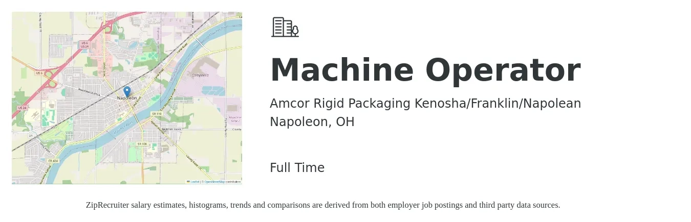 Amcor Rigid Packaging Kenosha/Franklin/Napolean job posting for a Machine Operator in Napoleon, OH with a salary of $22 to $23 Hourly with a map of Napoleon location.