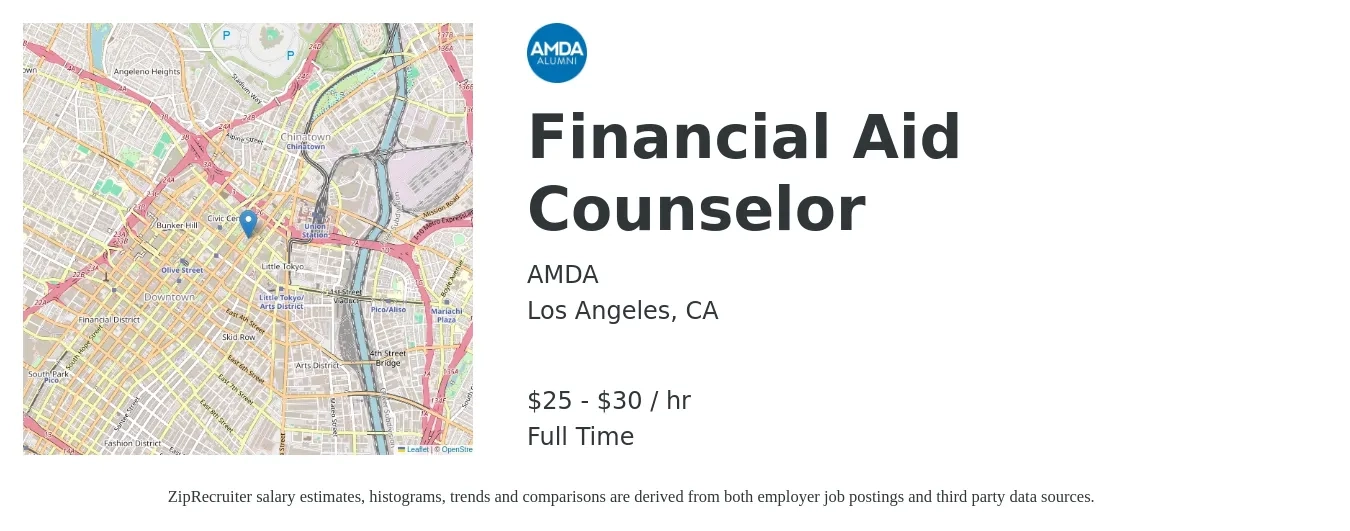 AMDA job posting for a Financial Aid Counselor in Los Angeles, CA with a salary of $26 to $31 Hourly with a map of Los Angeles location.