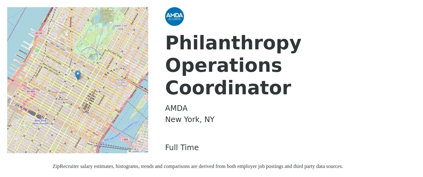 AMDA job posting for a Philanthropy Operations Coordinator in New York, NY with a salary of $65,000 to $75,000 Yearly with a map of New York location.