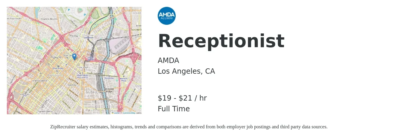 AMDA job posting for a Receptionist in Los Angeles, CA with a salary of $20 to $22 Hourly with a map of Los Angeles location.