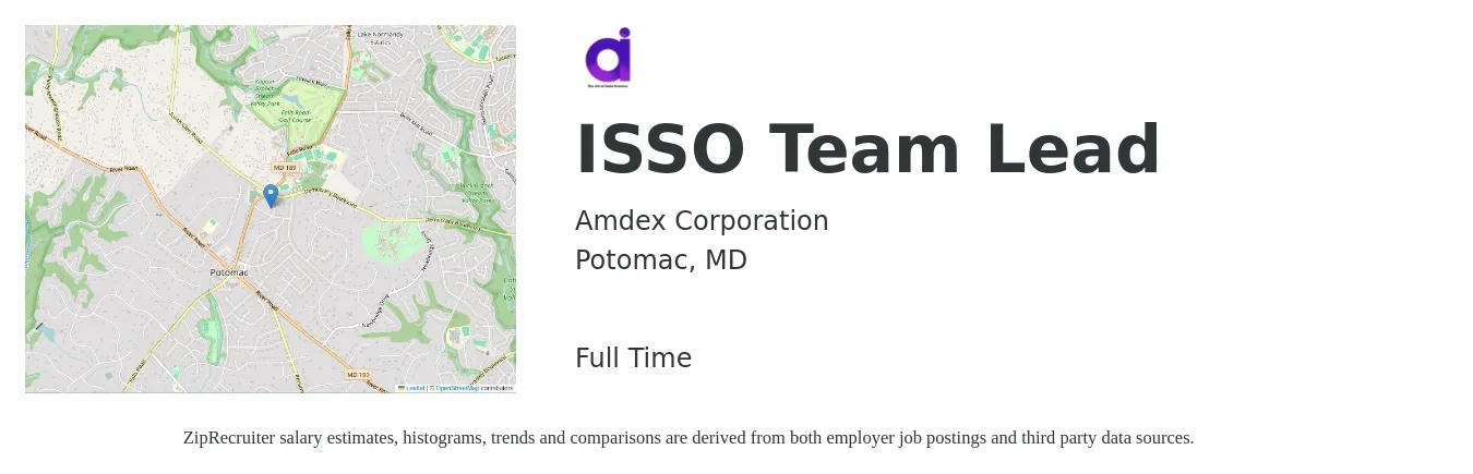 Amdex Corporation job posting for a ISSO Team Lead in Potomac, MD with a salary of $98,300 to $142,700 Yearly with a map of Potomac location.