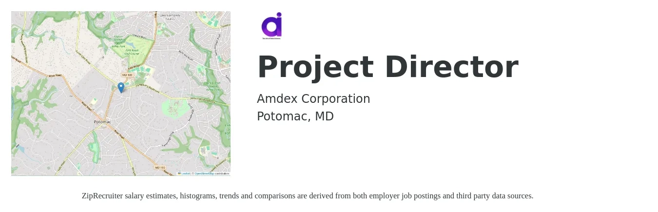 Amdex Corporation job posting for a Project Director in Potomac, MD with a salary of $76,500 to $149,500 Yearly with a map of Potomac location.