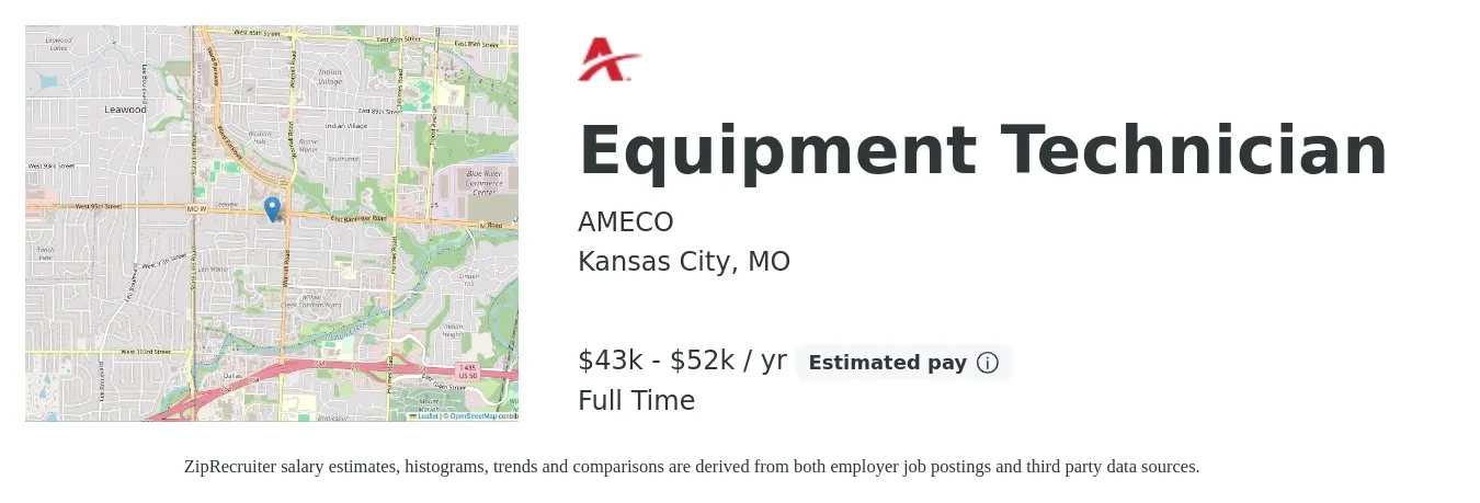 AMECO job posting for a Equipment Technician in Kansas City, MO with a salary of $43,680 to $52,000 Yearly with a map of Kansas City location.