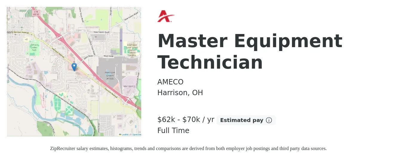 AMECO job posting for a Master Equipment Technician in Harrison, OH with a salary of $62,400 to $70,720 Yearly with a map of Harrison location.