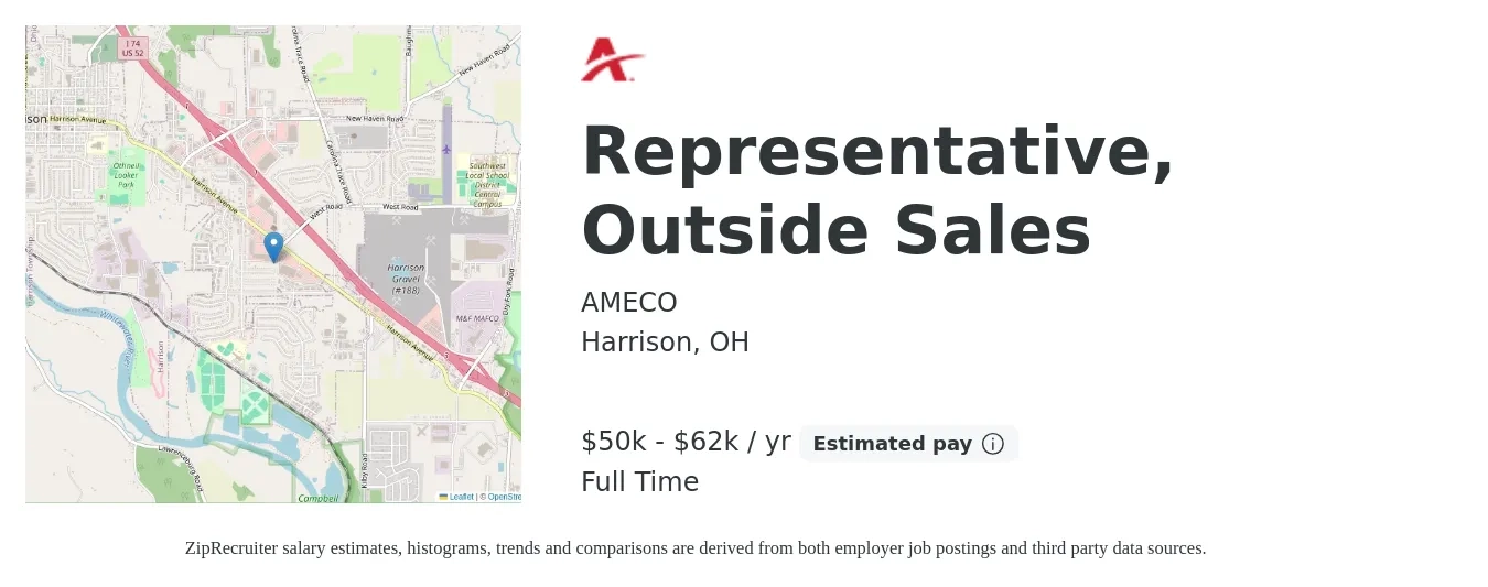AMECO job posting for a Representative, Outside Sales in Harrison, OH with a salary of $50,000 to $62,500 Yearly with a map of Harrison location.