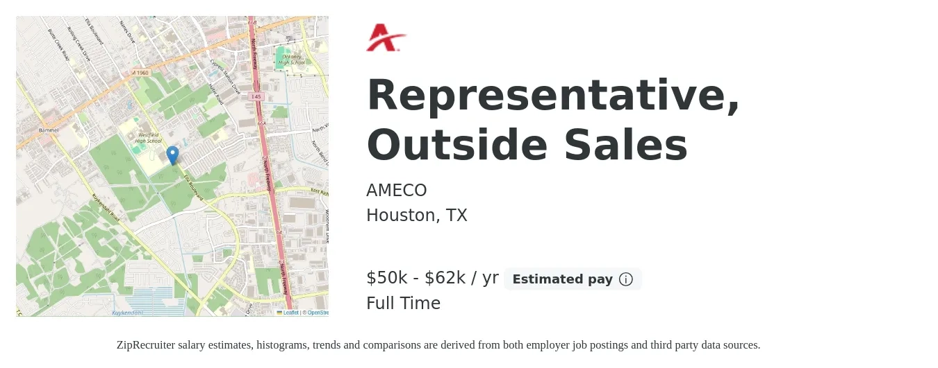 AMECO job posting for a Representative, Outside Sales in Houston, TX with a salary of $50,000 to $62,500 Yearly with a map of Houston location.