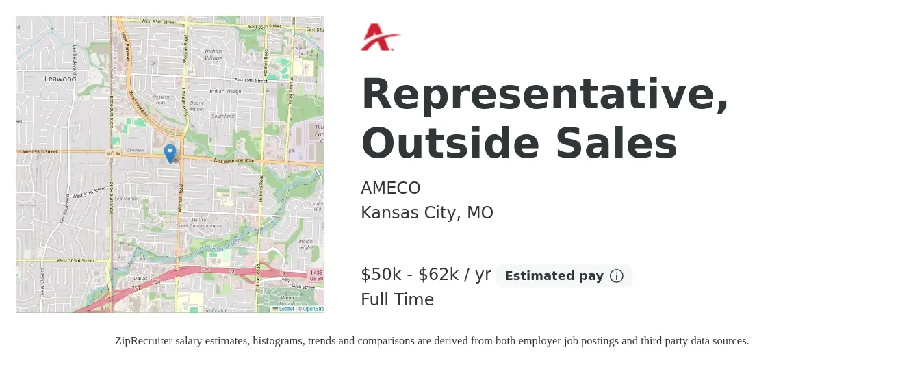 AMECO job posting for a Representative, Outside Sales in Kansas City, MO with a salary of $50,000 to $62,500 Yearly with a map of Kansas City location.