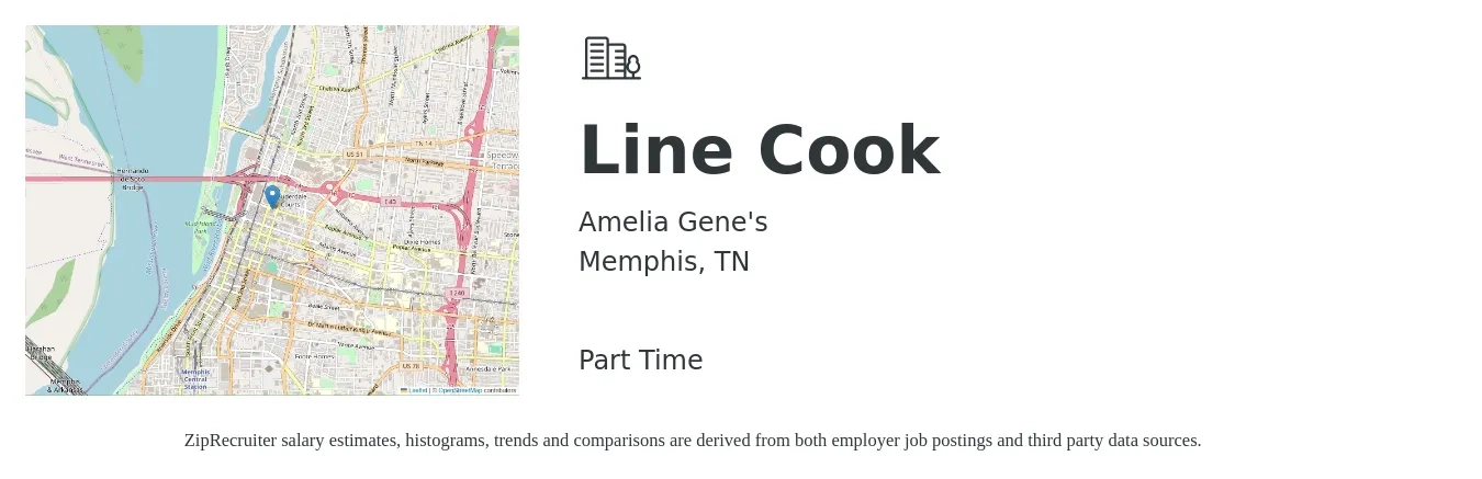 Amelia Gene's job posting for a Line Cook in Memphis, TN with a salary of $15 to $19 Hourly with a map of Memphis location.