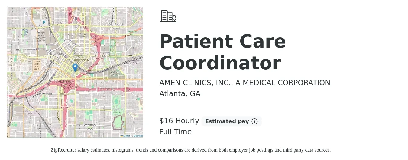 AMEN CLINICS, INC., A MEDICAL CORPORATION job posting for a Patient Care Coordinator in Atlanta, GA with a salary of $17 Hourly with a map of Atlanta location.