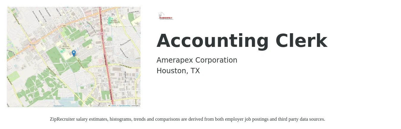 Amerapex Corporation job posting for a Accounting Clerk in Houston, TX with a salary of $16 to $21 Hourly with a map of Houston location.
