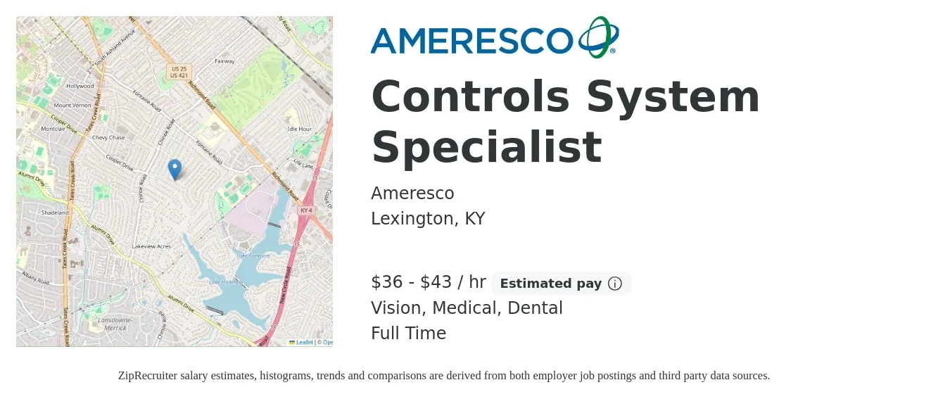 Ameresco job posting for a Controls System Specialist in Lexington, KY with a salary of $38 to $45 Hourly and benefits including dental, life_insurance, medical, retirement, and vision with a map of Lexington location.