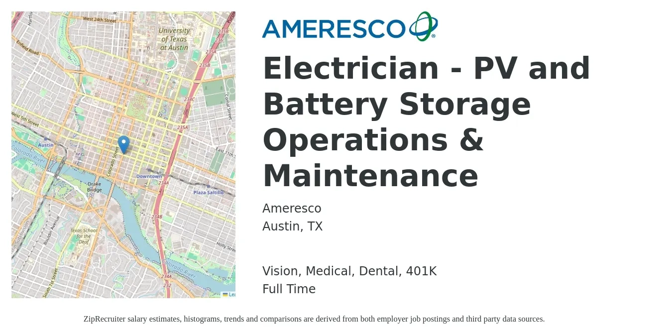 Ameresco job posting for a Electrician - PV and Battery Storage Operations & Maintenance in Austin, TX with a salary of $28 to $38 Hourly and benefits including 401k, dental, life_insurance, medical, and vision with a map of Austin location.