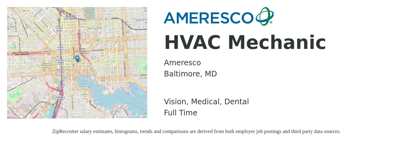 Ameresco job posting for a HVAC Mechanic in Baltimore, MD with a salary of $24 to $33 Hourly and benefits including medical, retirement, vision, dental, and life_insurance with a map of Baltimore location.