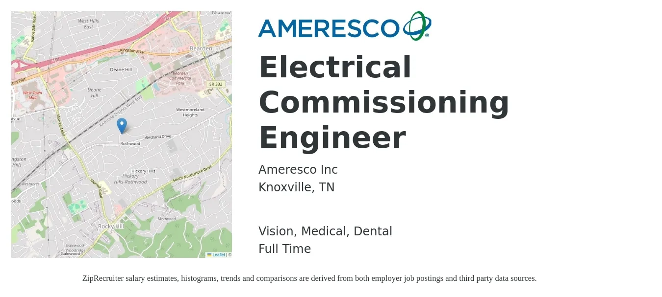 Ameresco job posting for a Electrical Commissioning Engineer in Knoxville, TN with a salary of $79,200 to $126,000 Yearly and benefits including retirement, vision, dental, life_insurance, and medical with a map of Knoxville location.