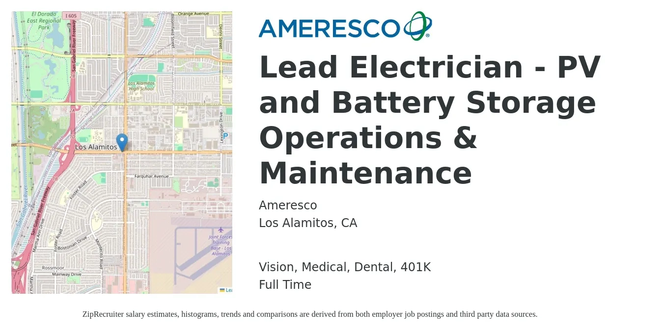 Ameresco job posting for a Lead Electrician - PV and Battery Storage Operations & Maintenance in Los Alamitos, CA with a salary of $28 to $38 Hourly and benefits including 401k, dental, life_insurance, medical, and vision with a map of Los Alamitos location.