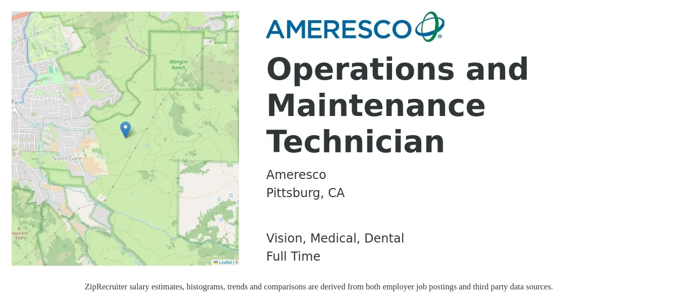 Ameresco job posting for a Operations and Maintenance Technician in Pittsburg, CA with a salary of $21 to $34 Hourly and benefits including dental, life_insurance, medical, pto, retirement, and vision with a map of Pittsburg location.