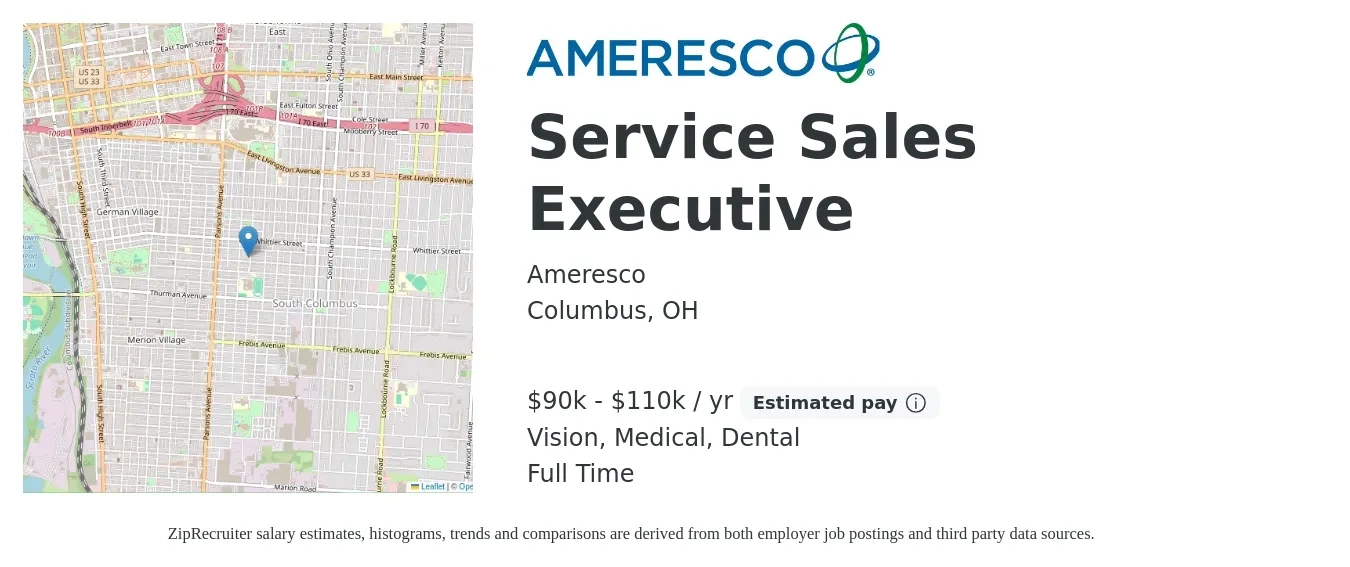 Ameresco job posting for a Service Sales Executive in Columbus, OH with a salary of $90,000 to $110,000 Yearly and benefits including medical, retirement, vision, dental, and life_insurance with a map of Columbus location.