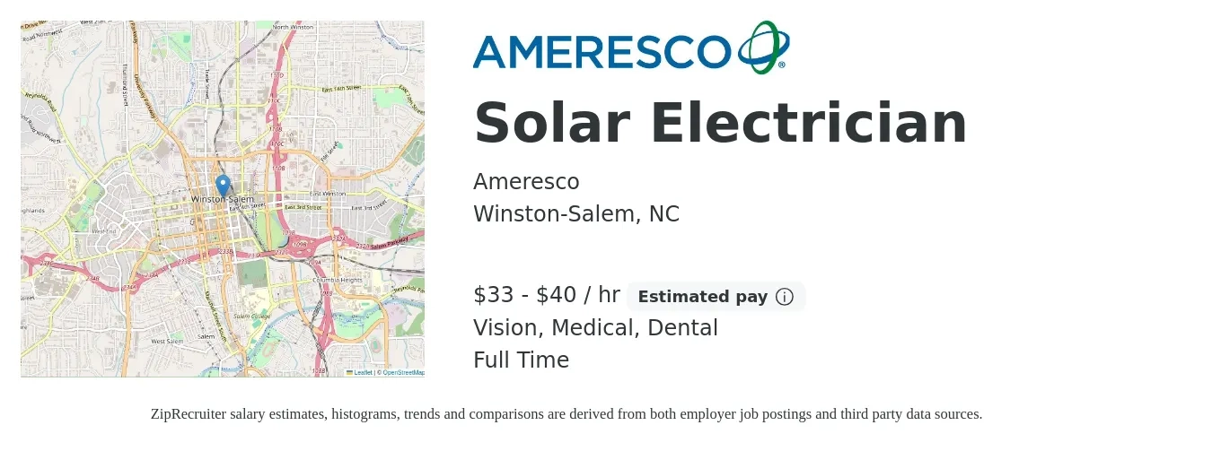 Ameresco job posting for a Solar Electrician in Winston-Salem, NC with a salary of $35 to $42 Hourly and benefits including dental, life_insurance, medical, pto, retirement, and vision with a map of Winston-Salem location.
