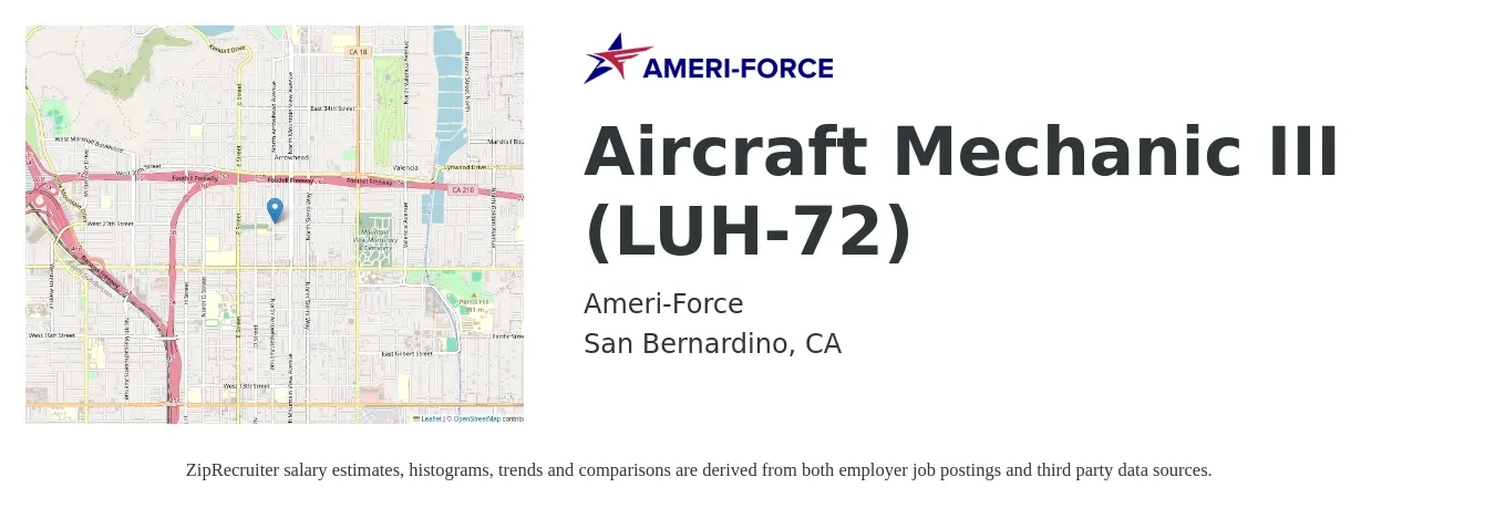 Ameri-Force job posting for a Aircraft Mechanic III (LUH-72) in San Bernardino, CA with a salary of $30 to $39 Hourly with a map of San Bernardino location.