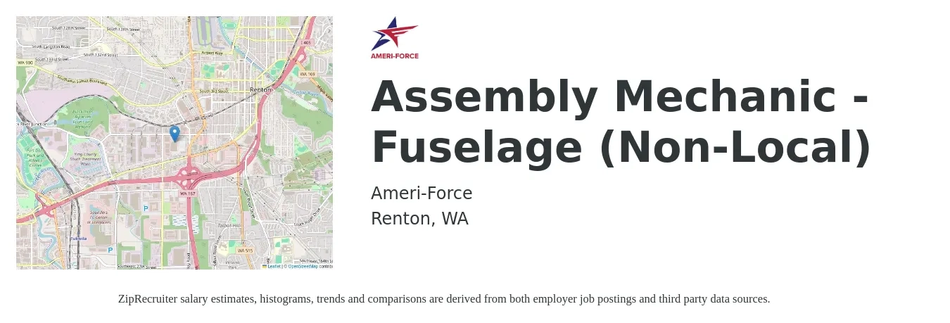 Ameri-Force job posting for a Assembly Mechanic - Fuselage (Non-Local) in Renton, WA with a salary of $24 to $40 Hourly with a map of Renton location.