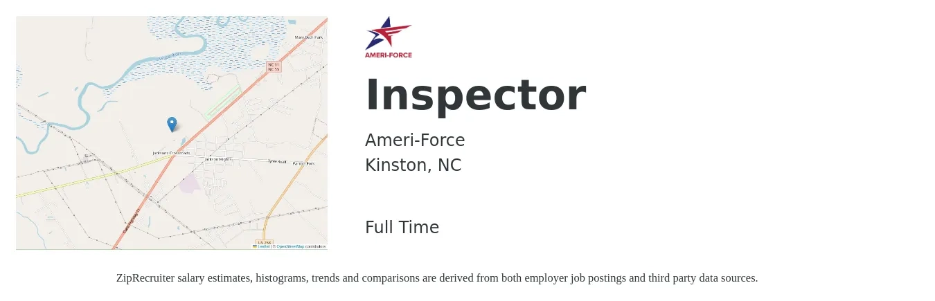 Ameri-Force job posting for a Inspector in Kinston, NC with a salary of $18 to $30 Hourly with a map of Kinston location.